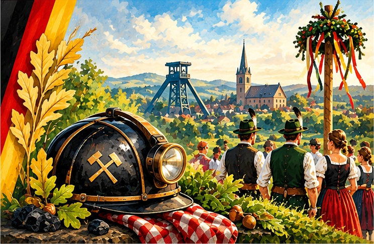 Brauchtum im Ruhrgebiet mit Bergmannshelm und Förderturm